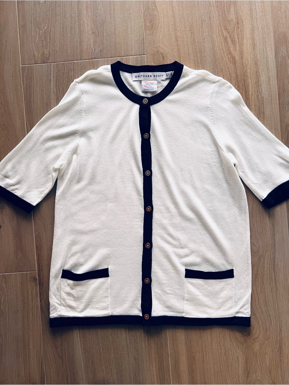 Gretchen Scott Cardigan Sweater XS Ivory Black Trim Gold Button
